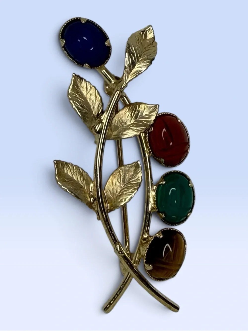 Vintage Egyptian Revival Multi Color Gemstone Scarab Beetle Branch Brooch Pin